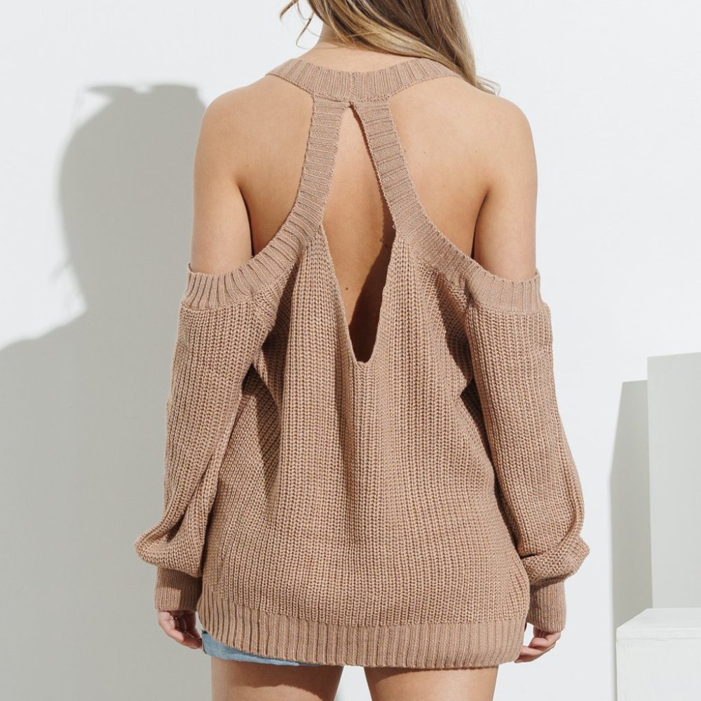 Cold Shoulder Open Cross Back Knit Sweater